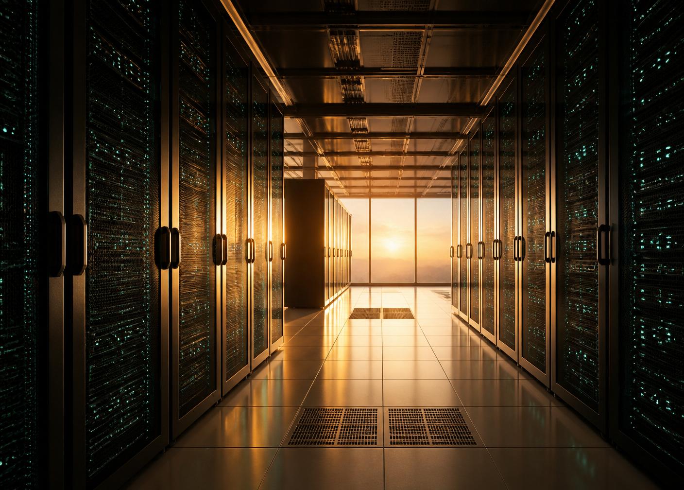 Warm-lit datacenter aisle at golden hour