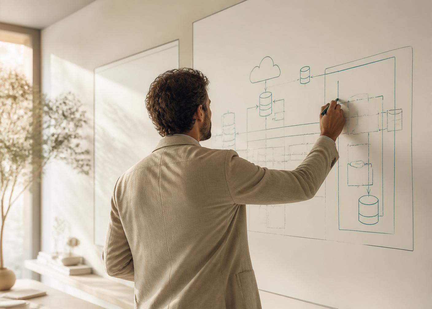 Architect drafting a system diagram on a light-toned whiteboard